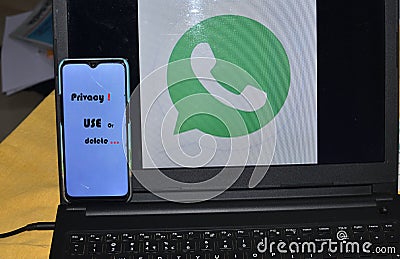 Data security and protection and privacy settings in India on screen of a white Android smartphone, logo and icon of WhatsApp from Editorial Stock Photo