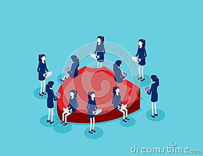 Data security shield isometry isometric. Security guards guarding shield shape pedestal. Technology people collection Vector Illustration