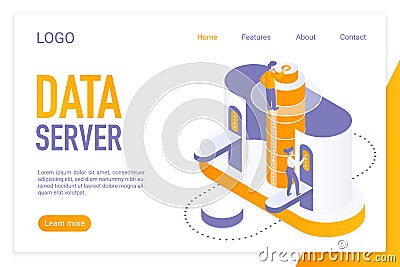 Data server landing page isometric vector template. Computer information storage, hardware equipment web banner 3d Vector Illustration