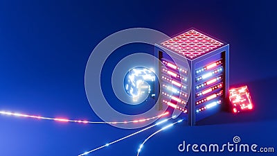 Data server transfer abstract digital 3d illustration. Server room for cloud computing technology. 3D render, Cartoon Illustration
