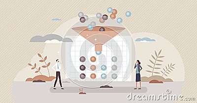 Data standardization with information sorting system tiny person concept Vector Illustration