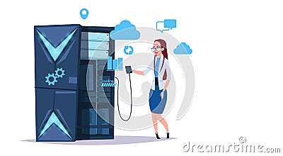 Data storage cloud center with hosting servers and staff. Computer technology, network and database, internet center Vector Illustration