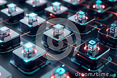 Data storage cubes between electrical pathways. Quantum computing, database, cloud computing concept Stock Photo