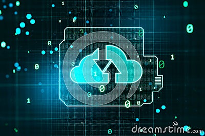 Data storage and information exchange concept with computer processor and oppositely directed arrows in cloud symbol on dark Stock Photo