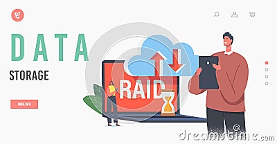 Data Storage Landing Page Template. Backup Modern Technology and Hosting Servers. Tiny Characters in Data Center Vector Illustration