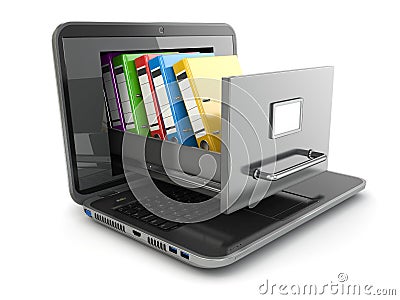 Data storage. Laptop and file cabinet with ring binders. Stock Photo