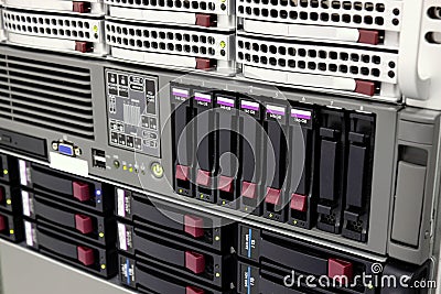 Data storage rack with hard drives Stock Photo