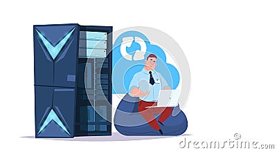 Data storage synchronization cloud center with hosting servers and staff. Computer technology, network and database Vector Illustration