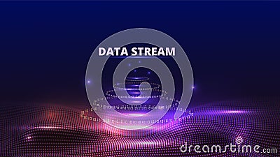 Data stream background. Binary code circle flow. Abstract music wave. Science tech coding. Numbers and dots. Glow Vector Illustration