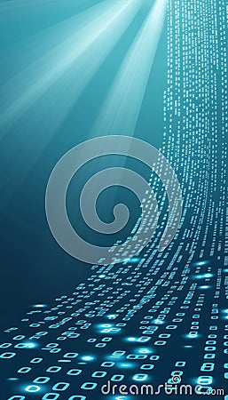 Data Stream Binary Code in Light Blue and White Gradient, Technology Abstract Background Stock Photo