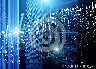 Data stream binary code data on top of the lattice doors of server equipment in a data center Stock Photo