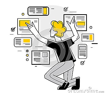 Data systematization, collecting and analyzing information, intellectual worker making analysis of some data on pc or web, vector Vector Illustration