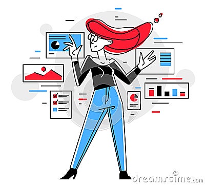 Data systematization, collecting and analyzing information, woman intellectual worker making analysis of some data on pc or web, Vector Illustration