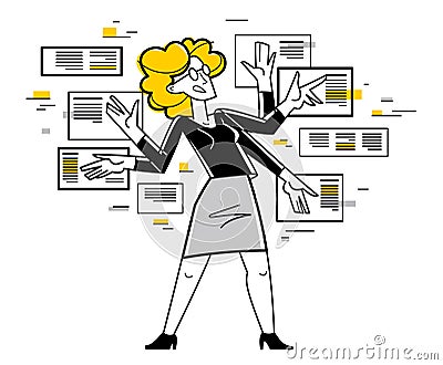 Data systematization, collecting and analyzing information, woman intellectual worker making analysis of some data on pc or web, Vector Illustration