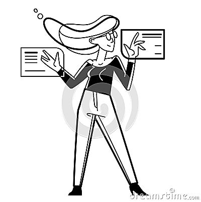 Data systematization, collecting and analyzing information, woman intellectual worker making analysis of some data on pc or web, Vector Illustration