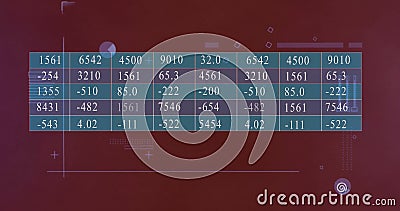 Data table with numerical values over red background with geometric shapes image Stock Photo
