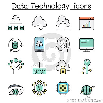 Data Technology, Database, Cloud Computing, Server, Computer network color line icon set Vector Illustration