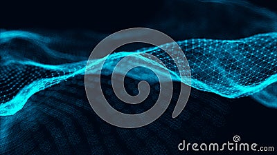 Data technology illustration. Wave with connecting dots and lines on dark background. Wave of particles. 3d rendering Cartoon Illustration
