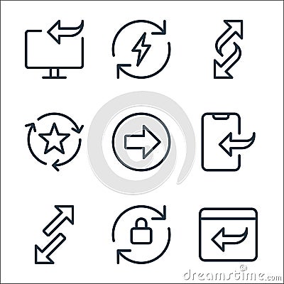 Data transfer line icons. linear set. quality vector line set such as back, locked, transfer, data transfer, next button, favorite Vector Illustration