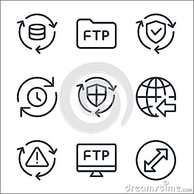 Data transfer line icons. linear set. quality vector line set such as transfer, ftp, error, data transfer, secure, queue, security Vector Illustration