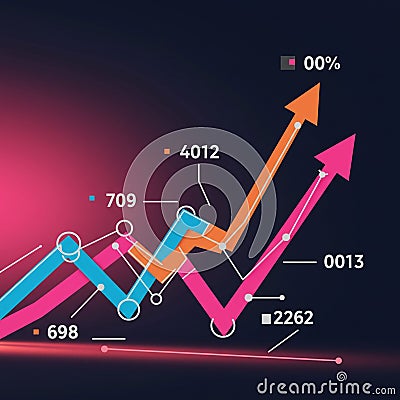 Data visualization depicting a multi-colored line graph with arrows indicating upward Stock Photo