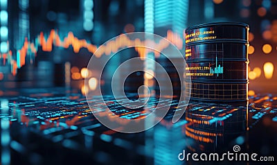 Data visualization with digital barrels representing data storage, financial graphs, and glowing circuit patterns in a Stock Photo