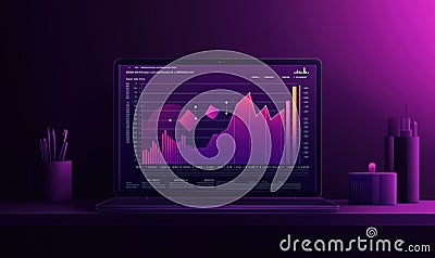 Data visualization on laptop screen, purple theme, showcasing graphs and charts, modern design, workspace elements Stock Photo