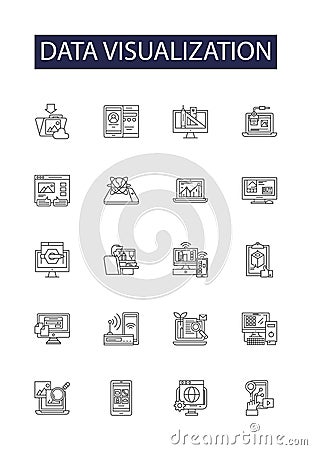 Data visualization line vector icons and signs. Plotting, Diagramming, Charting, Mapping, Picturing, Illustrating Vector Illustration