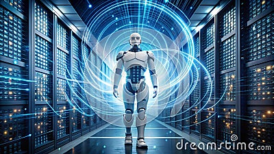 The Data Vortex: A Robot Engulfed in the Computational Maelstrom generative AI Stock Photo