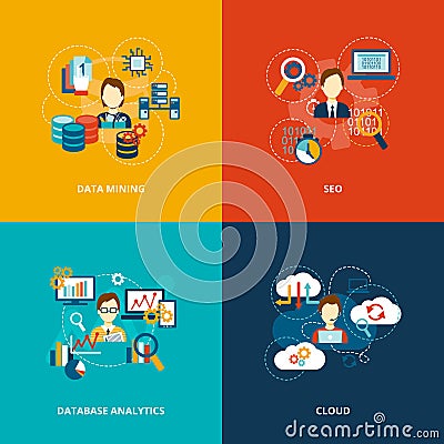 Database analytics icons flat Vector Illustration