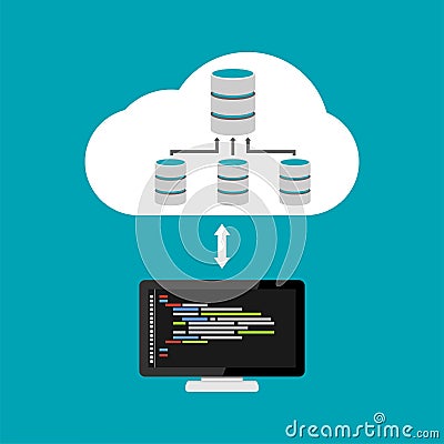 Database architecture programming. Database relation management. Cloud storage Vector Illustration