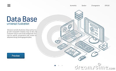 Database, big data, host server modern isometric line illustration. Datacenter, file protection center business sketch Vector Illustration