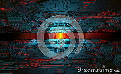 Database, blockchain network, digital evolution. Digital city. Global Cyberspace Cartoon Illustration