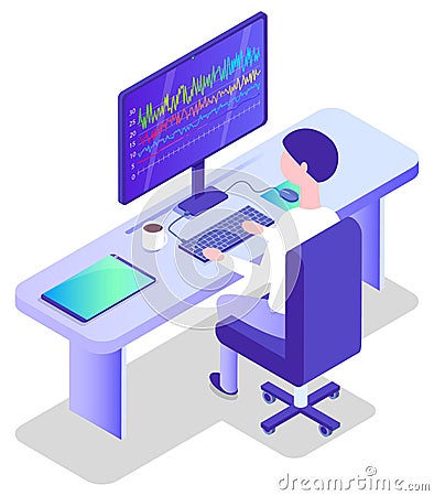 Database Center Worker with Computer in Office Vector Illustration