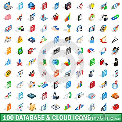 100 database and cloud icons set, isometric style Vector Illustration