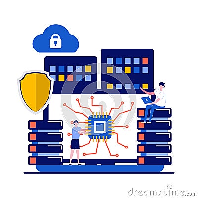 Database concept with character. Internet of things, data server storage. Wireless technologies, telecommunication. Modern flat Cartoon Illustration