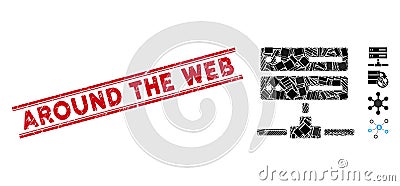 Database Connection Mosaic and Distress Around the Web Stamp Seal with Lines Vector Illustration