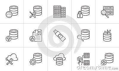 Database hand drawn outline doodle icon set. Vector Illustration