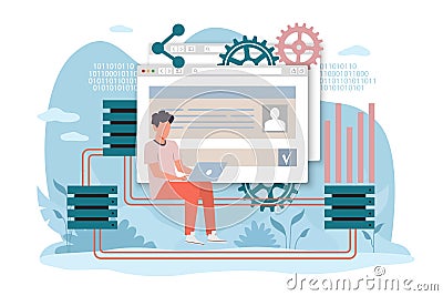 Database, hardware hosting, sharing disk space for file storage. Programmer with laptop, backup disk. Cloud technology Vector Illustration