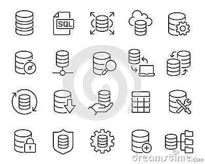 Database Icons Set. Such as Data Processing and Management, Customization, Exchange, Protection, Repair and others Vector Illustration
