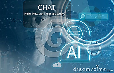 Database with intelligent system, future technology, technical progress, smart chatbox Businessman hand using Stock Photo
