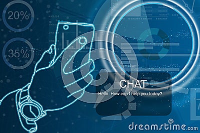 Database with intelligent system, future technology, technical progress, smart chatbox Businessman hand using Stock Photo