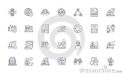 Database management line icons collection. Indexing, Schema, Queries, Backup, Restore, Replication, Clustering vector Vector Illustration