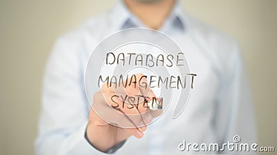 Database Management System, Man writing on transparent screen Stock Photo