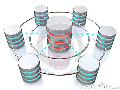 Database and networking concept: connected metal hard disk icons Stock Photo