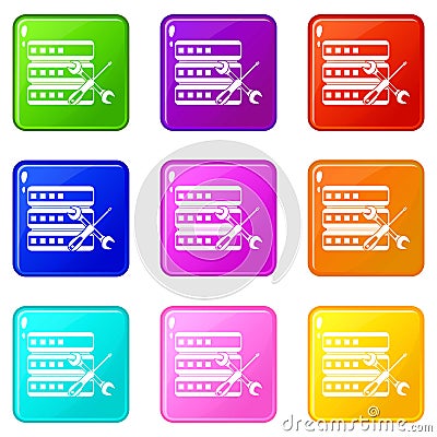 Database with screwdriver and spanner icons 9 set Vector Illustration