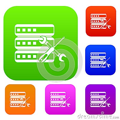 Database with screwdriver and spanner set collection Vector Illustration