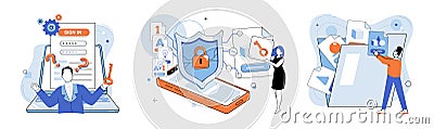 Database security. Servers act as backbone database security infrastructure Vector Illustration
