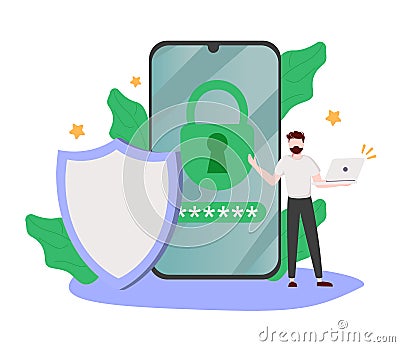 Database security software development. ID theft, hacking crime, computer malware. Data protection, information privacy, data Vector Illustration