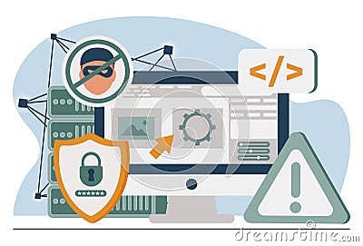 Database security software development. ID theft, hacking crime, computer malware. Data protection Vector Illustration